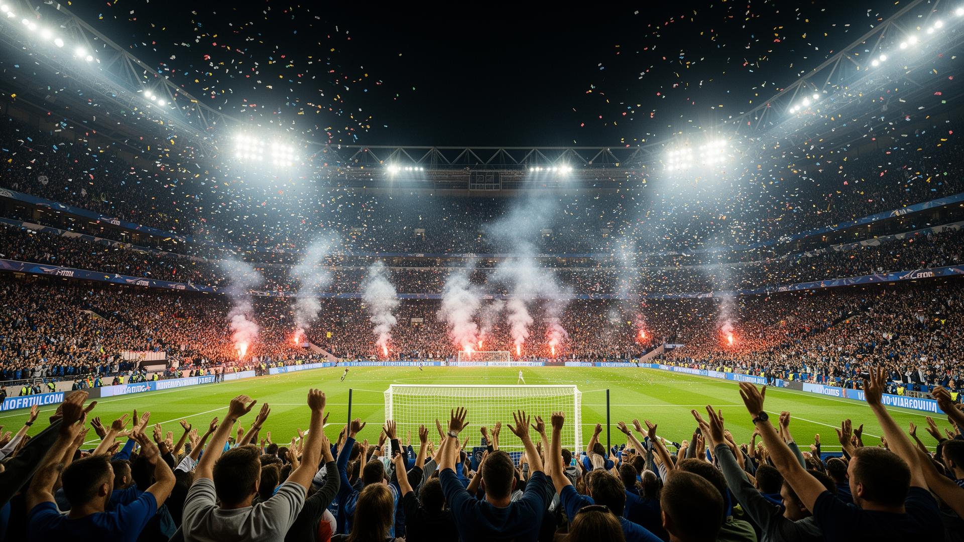 Packed stadium with fans celebrating a goal